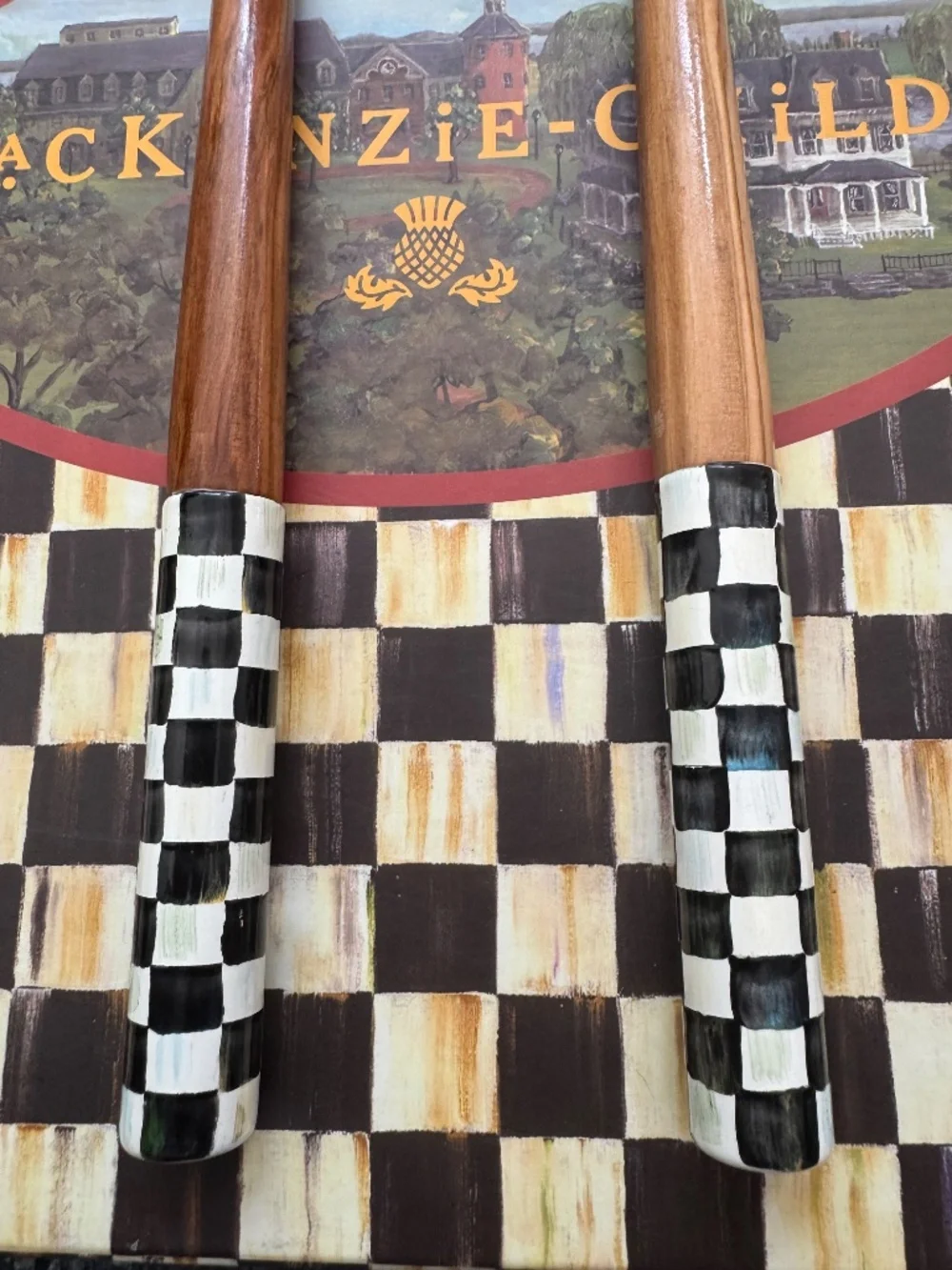 Brand New Mackenzie Childs Courtly Check Salad Servers Wood & Stainless Sweet